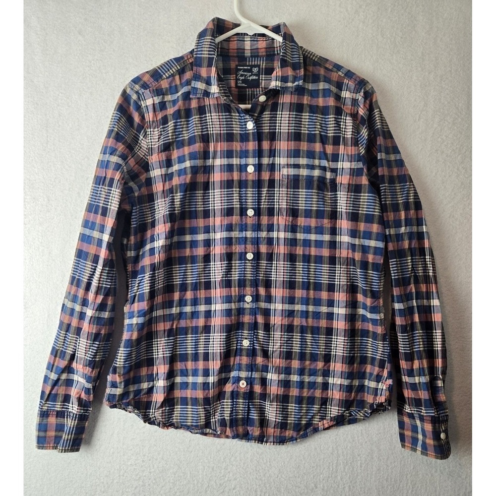 American Eagle Mens Shirt Size L Classic Prep Fit Plaid Long Sleeve Blue Pink - Picture 1 of 10